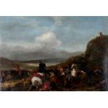 Navolger Aniello Falcone Battle scene with cavalry in a mountainous landscape.Verso annotation