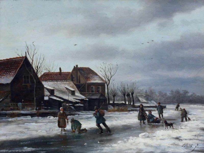 Sebastiaan Theodorus Voorn Boers (1828-1893) Fun on the ice. Signed with initials lower right.