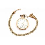 A 14 krt yellow gold pocket watch and chain with a horse's head. White dial with Arab numerals and