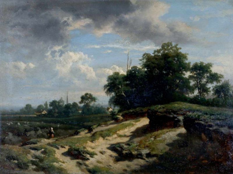 Carlos de Haes (1826-1898) Woman in a Dutch dune landscape near a flock of sheep and a small