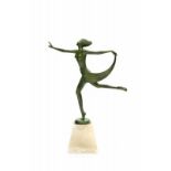 Josef Lorenzl (1892-1950) A green patinated metal dancer on soapstone base, Art Deco, signed to the