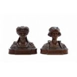 Art Nouveau Two bronze busts of female figures, one titled: Theodora, the other with title: