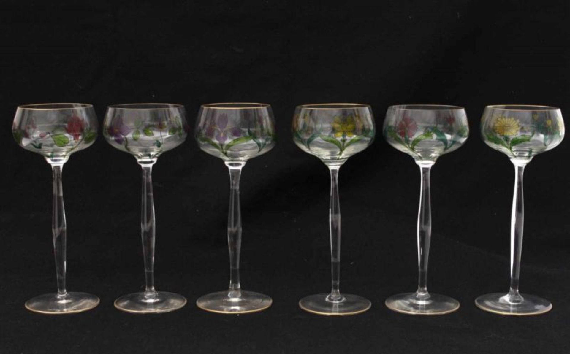 Jugendstil Six wine glasses on high stem, all with different enamelled floral pattern and gilt top - Bild 3 aus 5