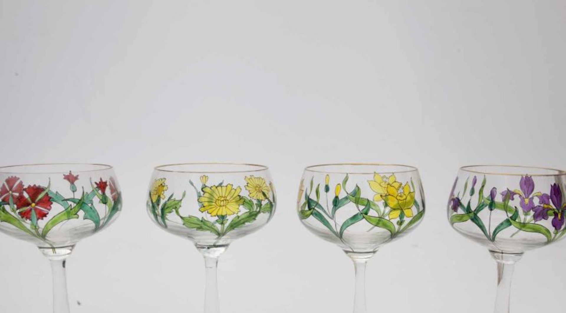 Jugendstil Six wine glasses on high stem, all with different enamelled floral pattern and gilt top - Bild 2 aus 5