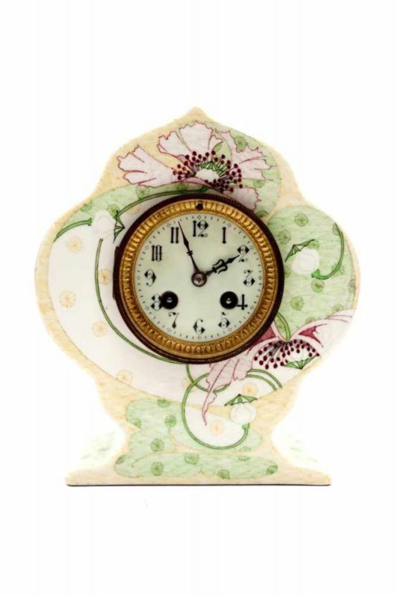Plateelbakkerij Zuid Holland, Gouda A ceramic clock with wavy floral pattern on a white ground,