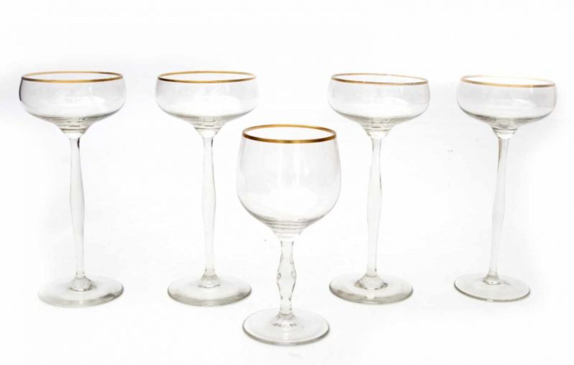 Hans Christiansen (1866-1945) Four champagne glasses on high stem and a wine glass, all with gilt - Bild 2 aus 2