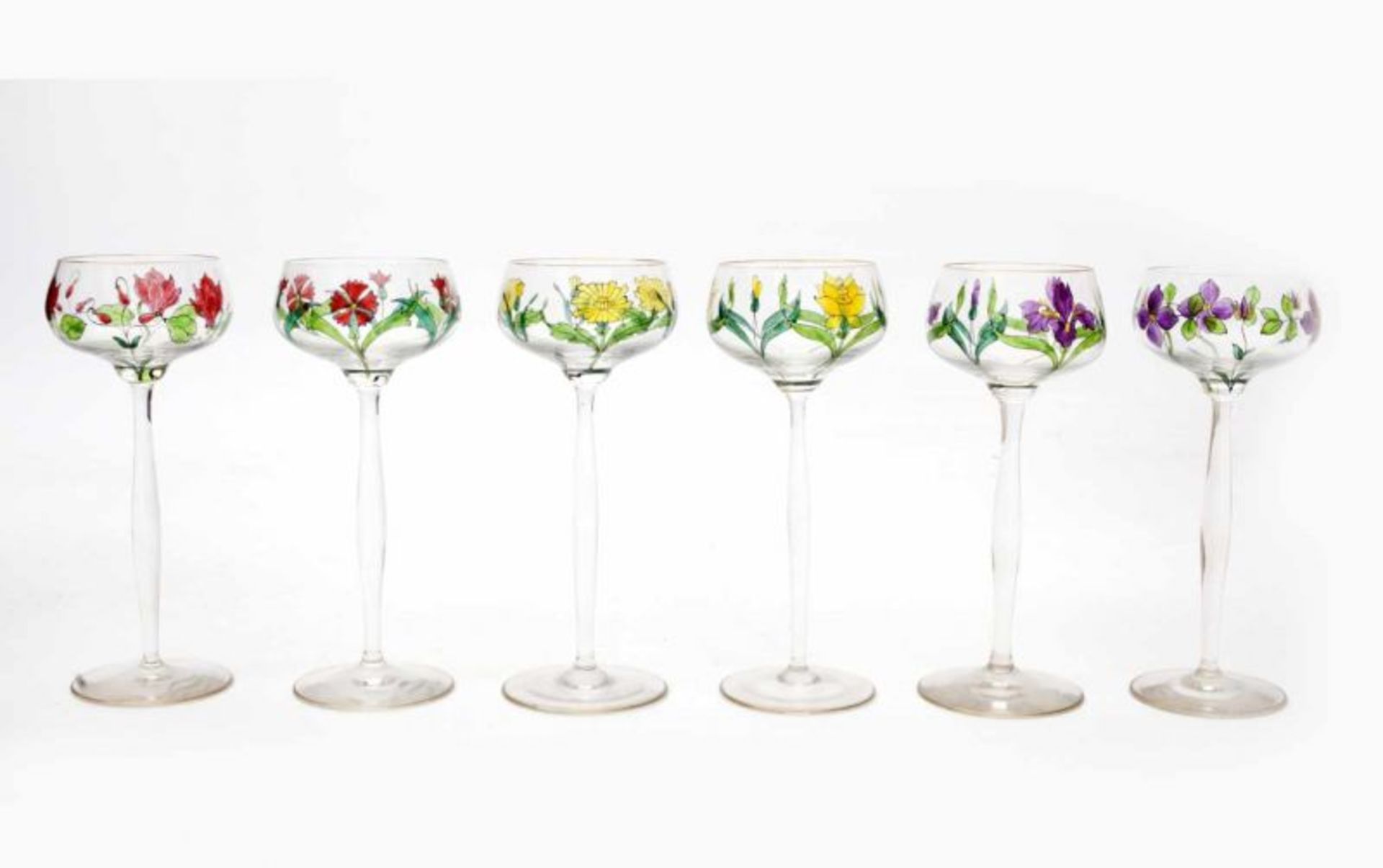 Jugendstil Six wine glasses on high stem, all with different enamelled floral pattern and gilt top