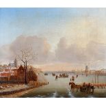 Frederick Willem Del Campo (1803-1890)Winter landscape with ice skating figures by a Dutch town.