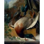 Pieter Willem Romeny (1830-1898)Hunting still life with a roemer, duck and kingfisher. Signed lower