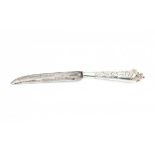 A Dutch knife with silver handle. 18th century. The leather case dated 1766. 29.00 % buyer's