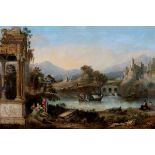 Engelse School 19e eeuwItalianate landscape with a citadel in a valley and a merry company by a