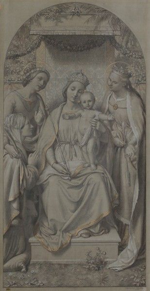 Duitse School 19e eeuwThe Madonna and Child Enthroned. Signed A.Müller and dated 1850 lower middle.