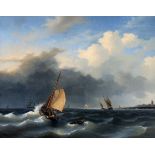 Abraham Hulk (1813-1897)Sailing vessels by the shore with a steam sailer in the distance. Signed