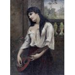 Toegeschreven aan Agapit Stevens (1848-1924)Woman playing a mandolin. Signed lower right. Compare