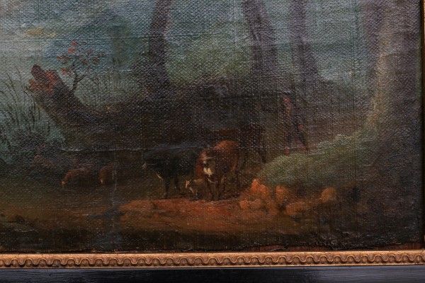 Navolger Adriaen van Stalbemt Landscape with figures and cattle near a small castle. Not signed. - Image 3 of 9