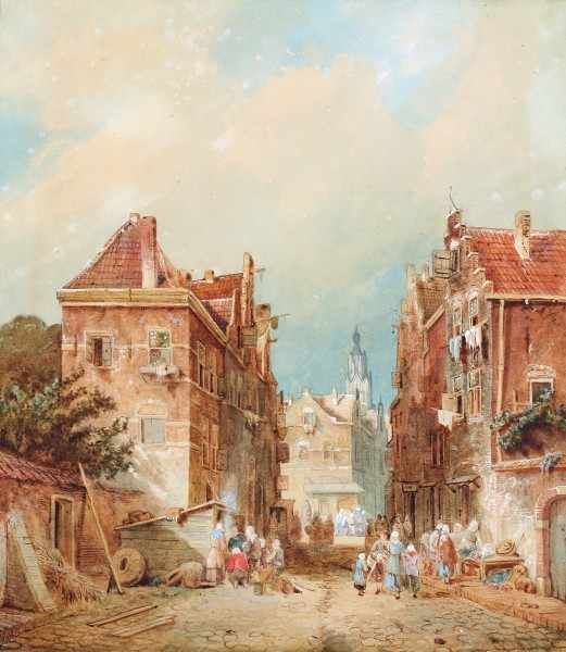 Toegeschreven aan Charles Leickert (1812-1907)View of a busy street. Not signed. Aquarel 35,5 x 31