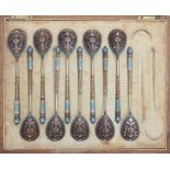 Ten Russian silver gilt cloisonné spoons with enamel. By Nikolay Alekseyev, Moscow. Date letter