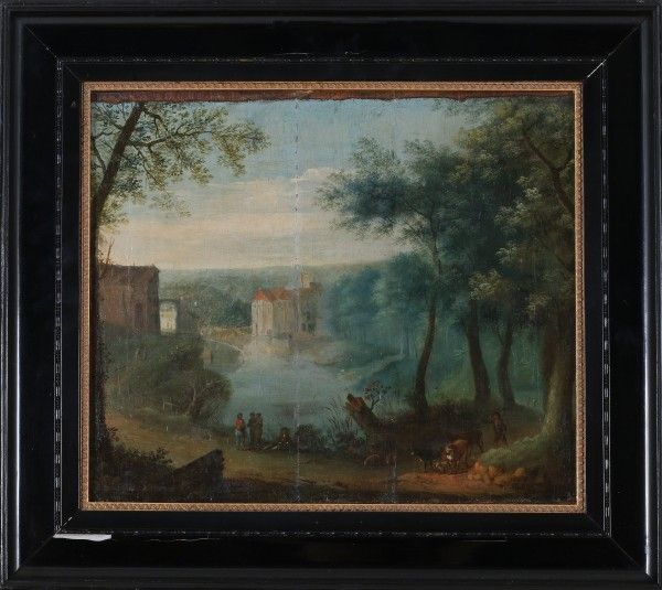 Navolger Adriaen van Stalbemt Landscape with figures and cattle near a small castle. Not signed. - Image 8 of 9