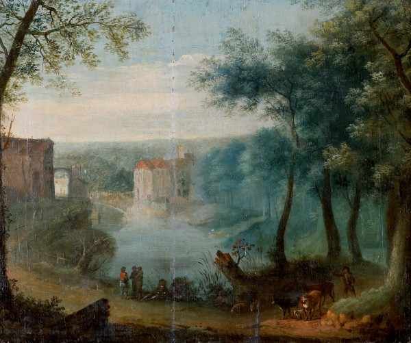 Navolger Adriaen van Stalbemt Landscape with figures and cattle near a small castle. Not signed. - Image 7 of 9