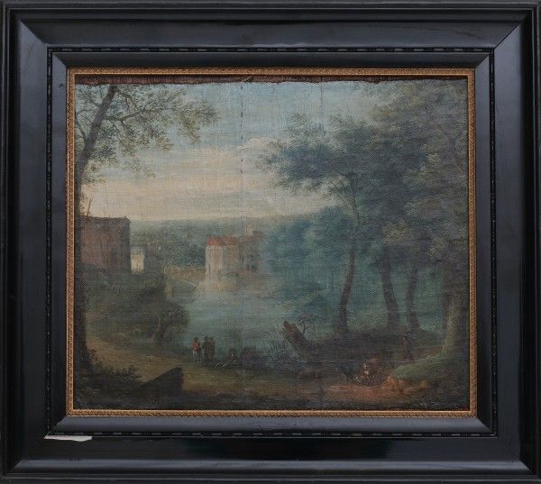 Navolger Adriaen van Stalbemt Landscape with figures and cattle near a small castle. Not signed. - Image 4 of 9