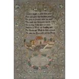 A framed English sampler, incorporating a poem and a farm with sheep surrounded with flowers. Mary-