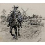 Jan Hoynck van Papendrecht (1858-1933)Three sheets with an escort of a carriage, an equestrian by a