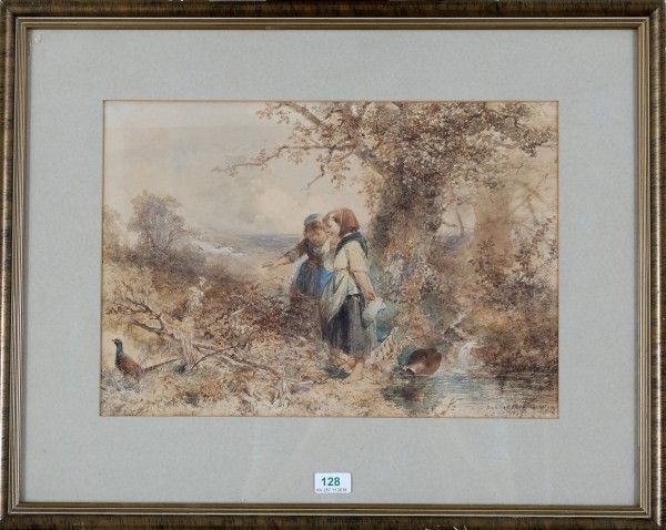 Mari ten Kate (1831-1910)Two girls watching a pheasant. Signed lower right. Aquarel 26,5 x 38,5 cm. - Image 2 of 3