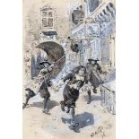 Jan Hoynck van Papendrecht (1858-1933)Two drawings of a town with musketeers on horseback and at
