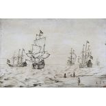 Navolger Cornelis BoumeesterSailing vessels by the shore. Late 18th century. Signed with a monogram