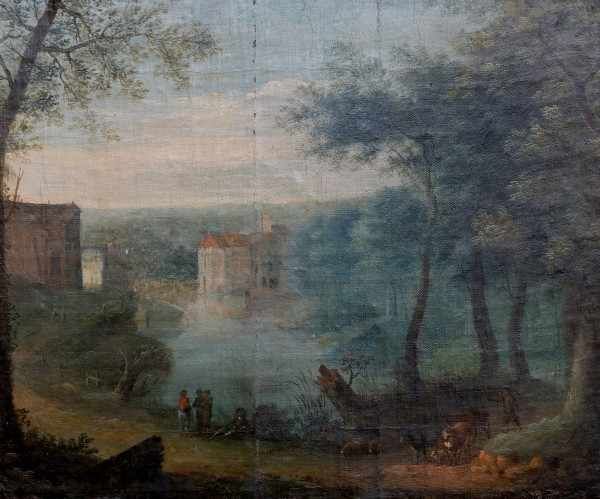 Navolger Adriaen van Stalbemt Landscape with figures and cattle near a small castle. Not signed.