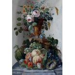 Hollandse School 19e eeuwTwo still lifes with flowers in a wicker basket and fruit on a marble