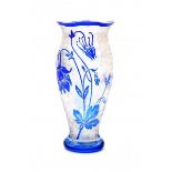 Val Saint LambertA clear and blue cameo glass vase with floral pattern, 1890s, signed underneath.