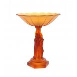 Art NouveauA two-part frosted amber moulded glass fruitbowl on foot with female figures.31 cm. h. x