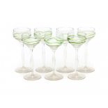 JugendstilSeven clear and green glass liquor glasses on high stems, circa 1900.14 cm. h. 29.00 %