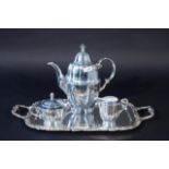 WMF porcelain with silver overlay coffee pot, milk jug (damaged) and sugar bowl + Silver-plated tray