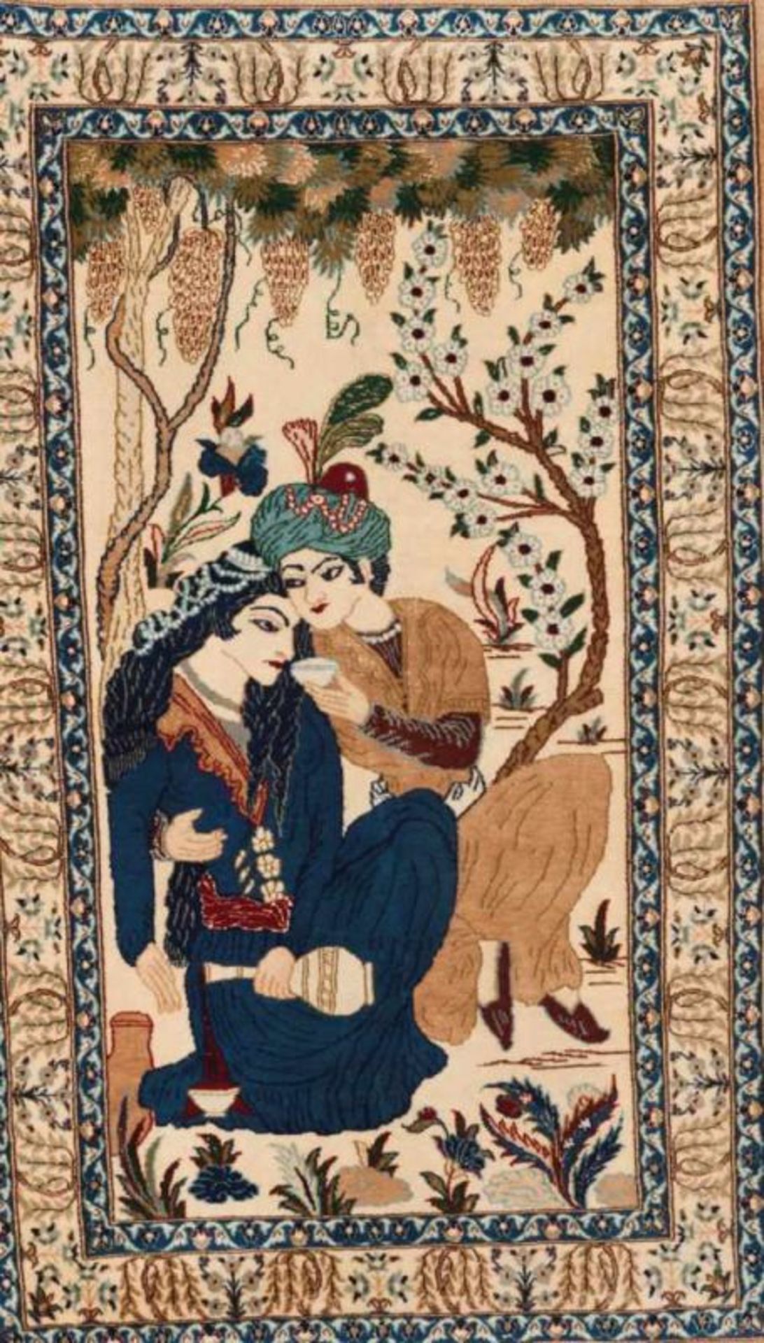 A Nain carpet, Iran Cotton and wool Of floral design, centre depicting gallant scene with figures