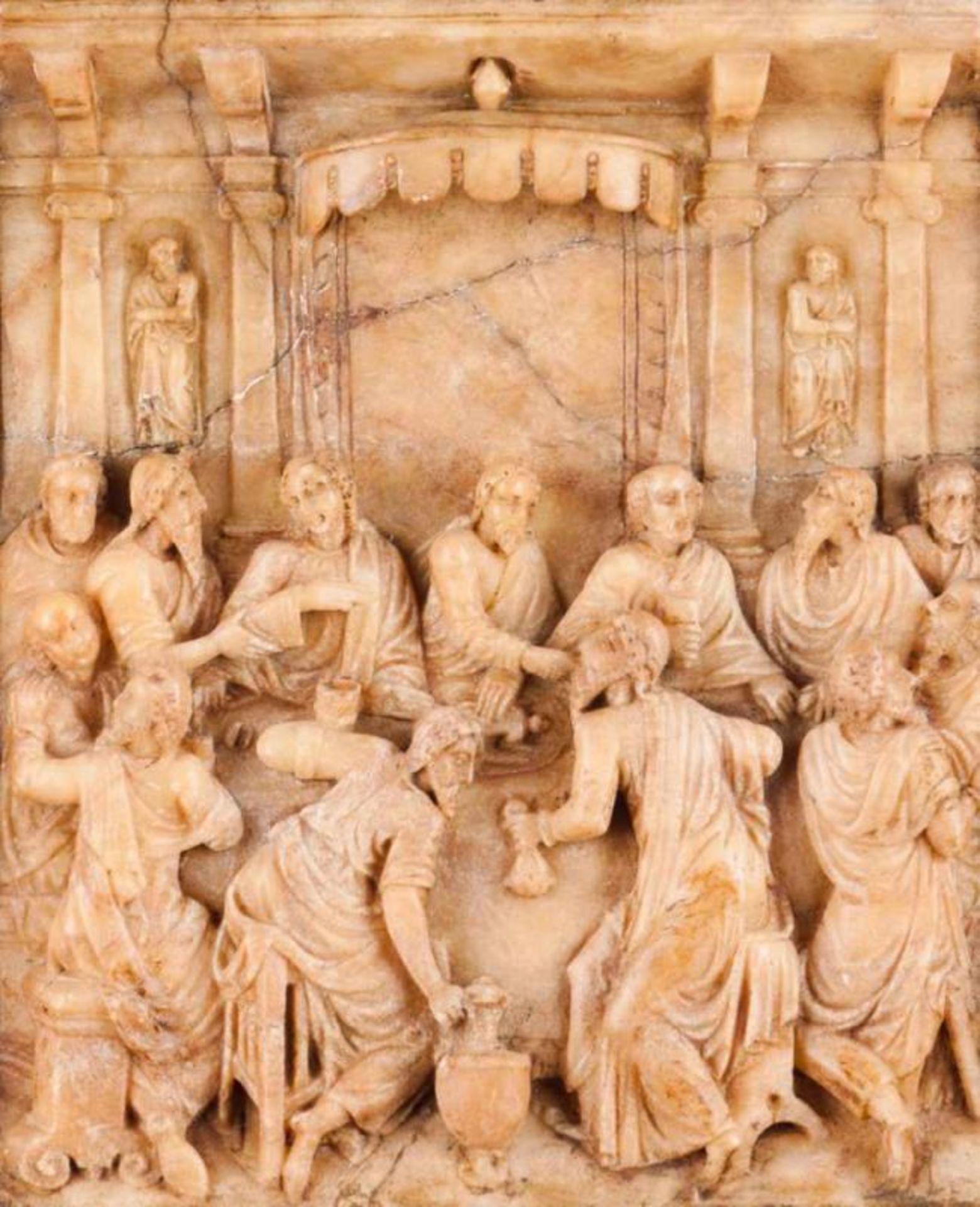 Last Supper A Malines alabaster plaque Wood and papier-maché gilt frame decorated in relief with - Image 2 of 2