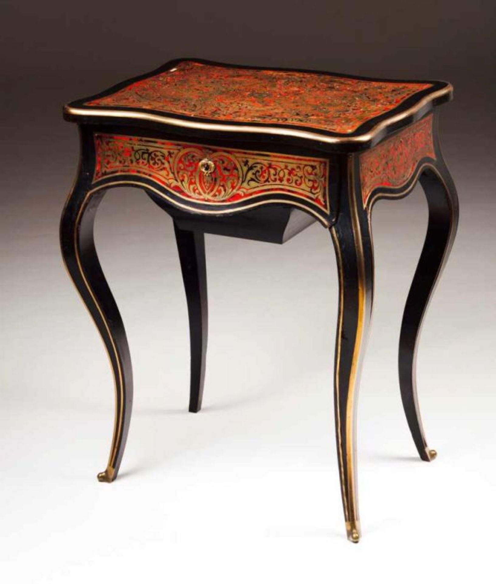 A Napoleon III working table in the Boulle manner Ebonized wood Tortoiseshell and brass inlaid