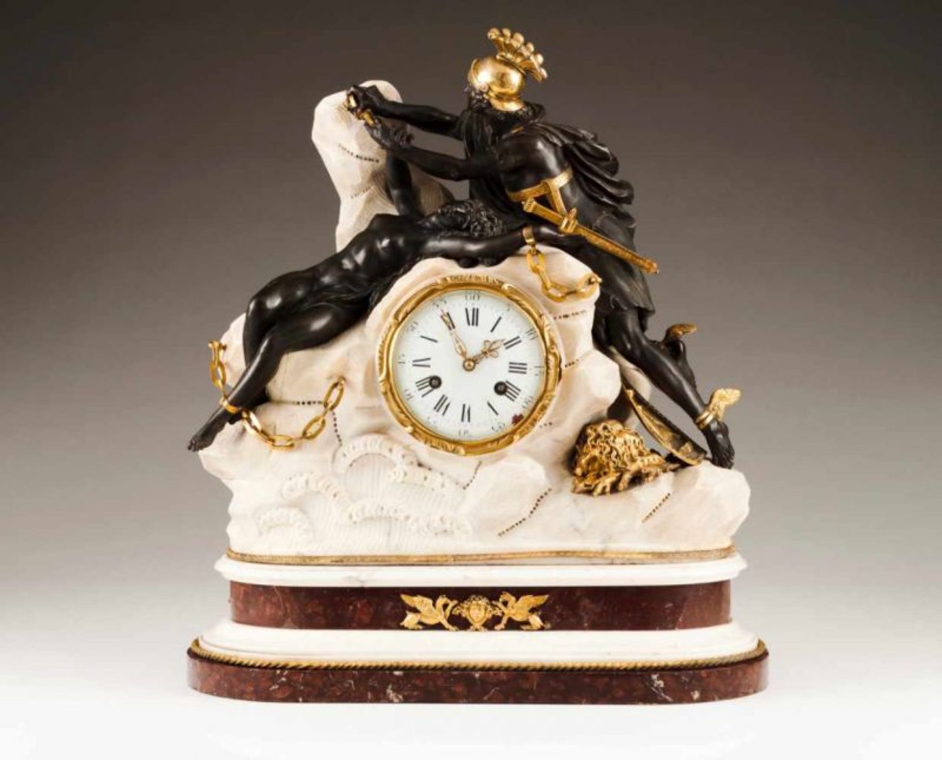 A Louis XVI table clock Marble Gilt and patinated bronze sculpture representing Perseus rescuing