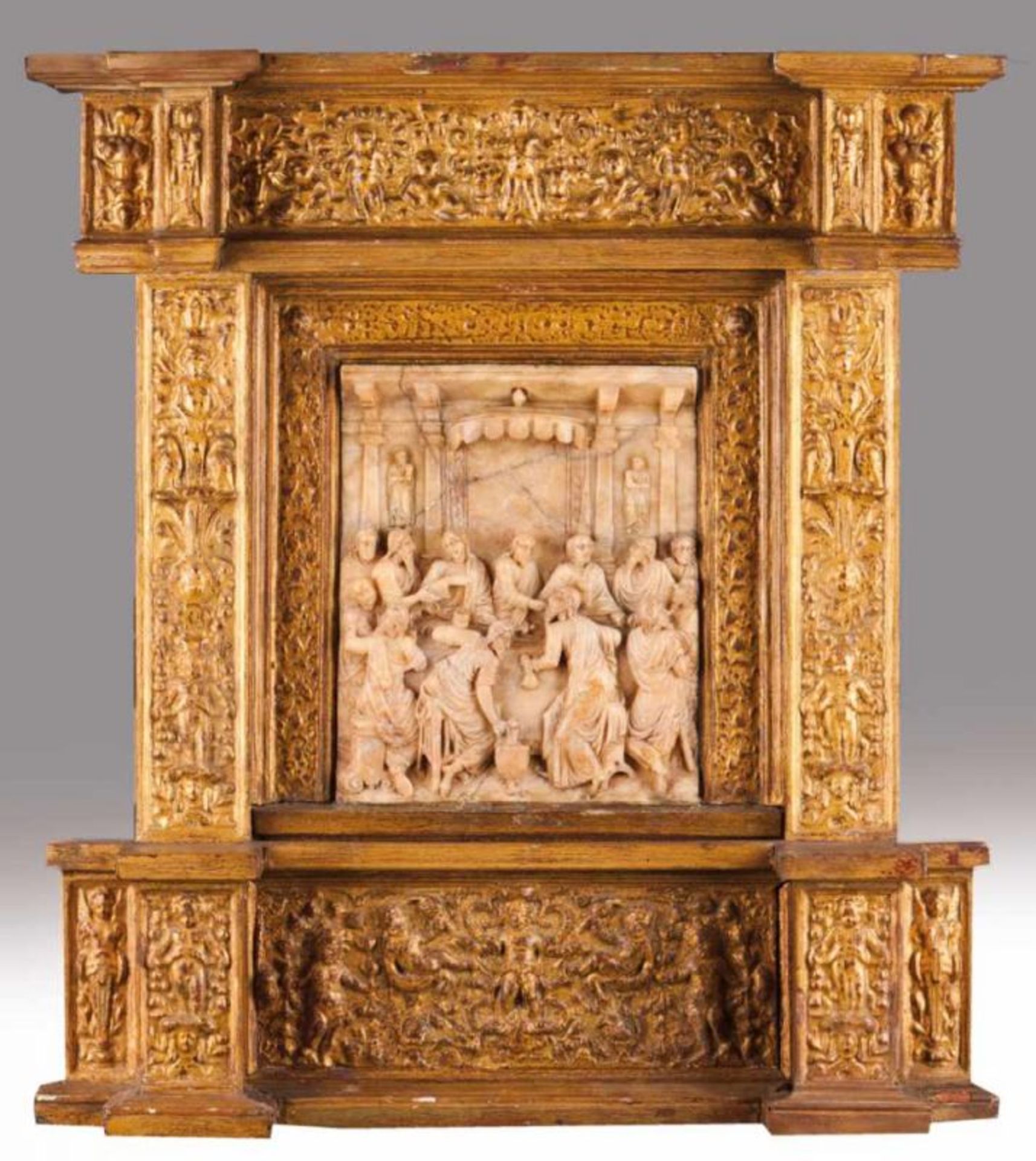 Last Supper A Malines alabaster plaque Wood and papier-maché gilt frame decorated in relief with