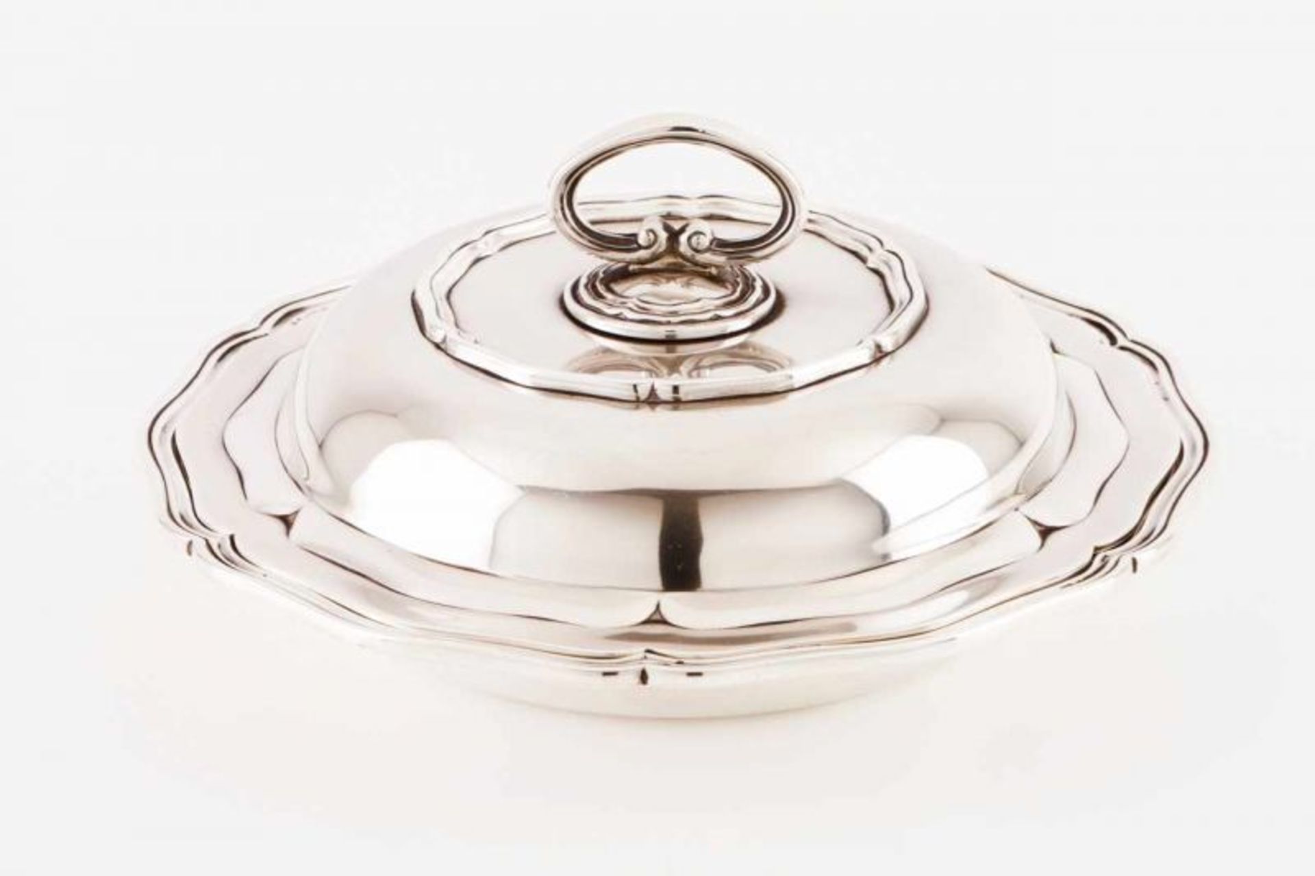 An entrée dish Portuguese silver Scalloped and fluted tab, detachable handle to form two separate