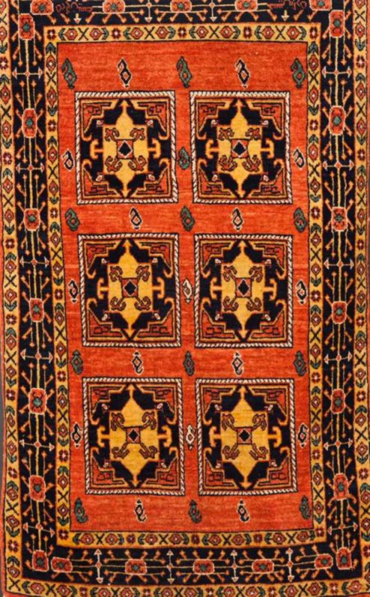 A Shiraz carpet, Iran Cotton and wool Of geometric and floral design in salmon na brown 142x80 cm