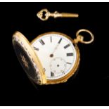 A Ladies pocket watch 18kt gold cases decorated in relief, engraved and enameled in blue and black