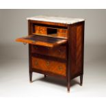 A small Luis XVI bureau Satinwood, kingwood and other woods veneered Leather lined interior Two