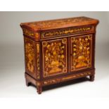 A small Dutch cabinet Mahogany with marquetry decoration Depicting vases with flowers One drawer and