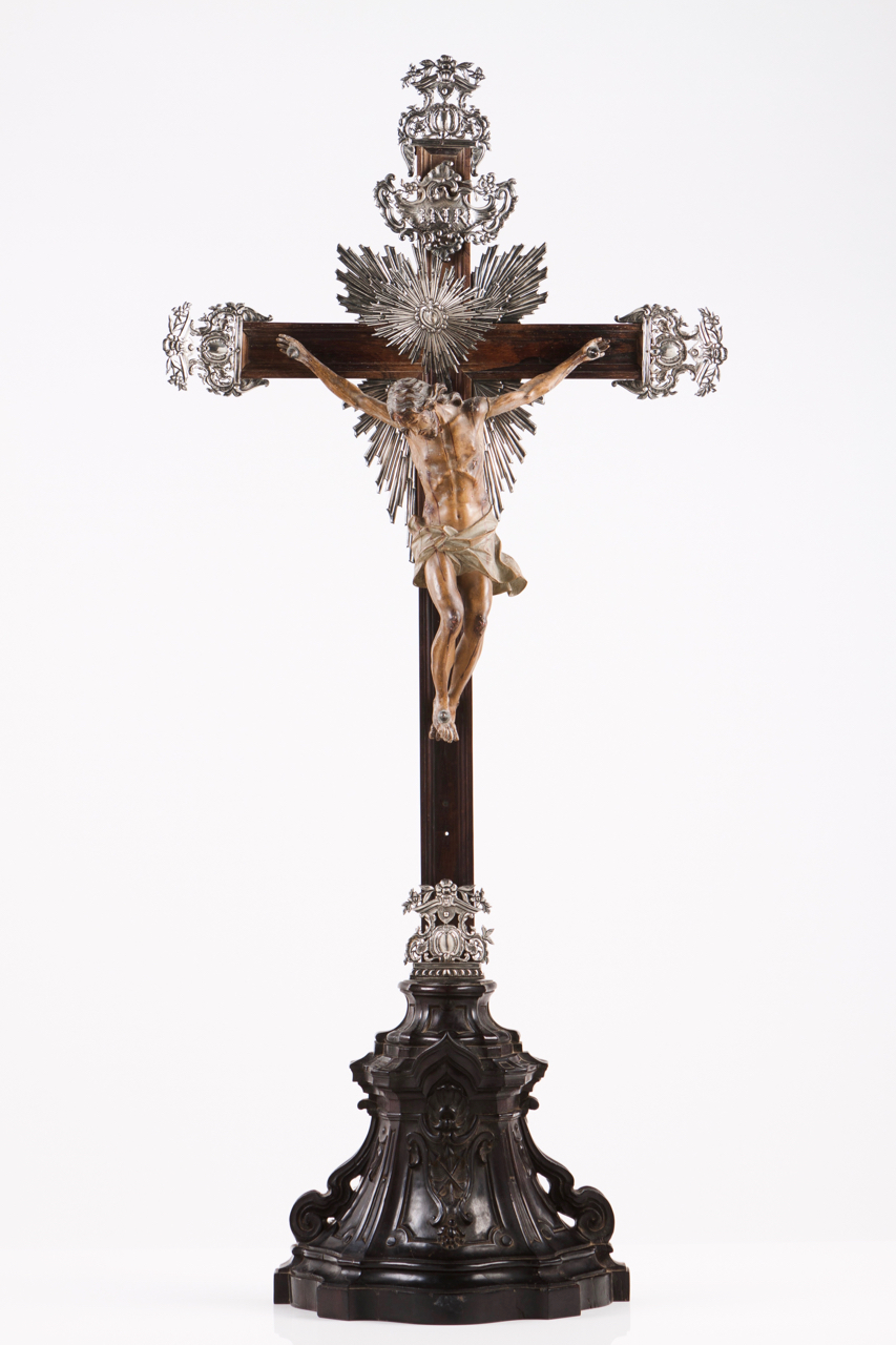Crucified Christ Polychrome wood sculpture Rosewood cross with silver mounts Portugal, 18th