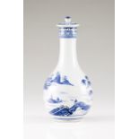 Bottle with cover Chinese porcelain Blue Canton decoration depicting riverscape with pagoda