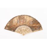 A fan Ivory structure decorated with floral motifs Parchment leaf painted with gallant scenes