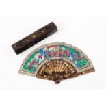 A fan Lacquered and gilt box and structure Painted paper leaf with ivory applications, depicting