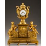 A large Napoleon III clock Gilt bronze decorated in relief, lower part with painting and sculpture